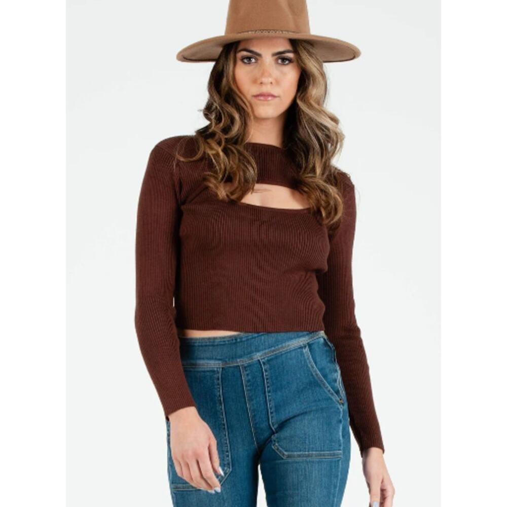 Lucca Women’s Size Medium‎ Brown Chella Ribbed Sweater Peek A Boo Cutout Top